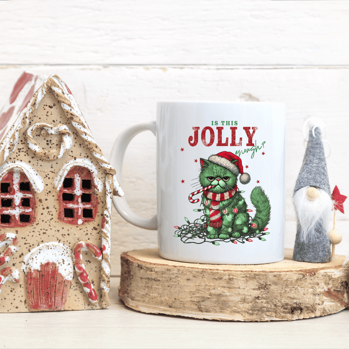 Funny Christmas Cat Mug – 'Is This Jolly Enough?' Holiday Coffee Mug