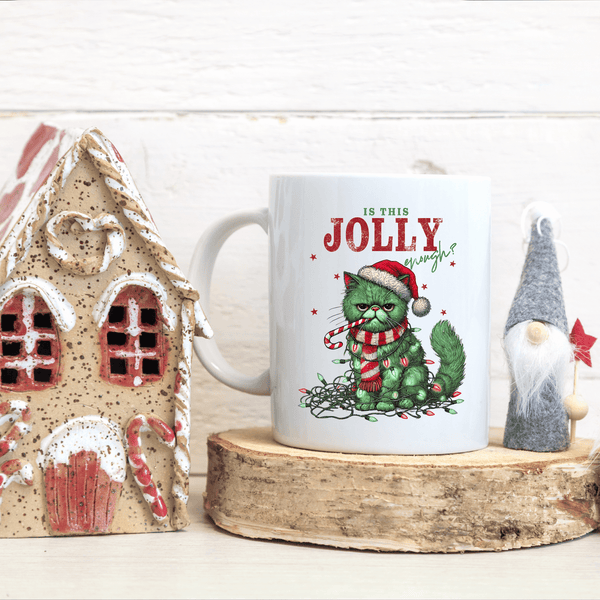 Funny Christmas Cat Mug – 'Is This Jolly Enough?' Holiday Coffee Mug