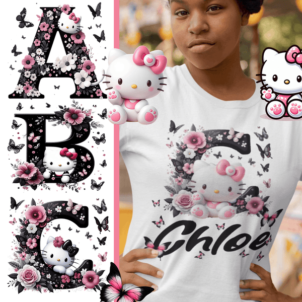 Hello Kitty Alphabet T-shirt – Personalized Floral Initial Design for Kids