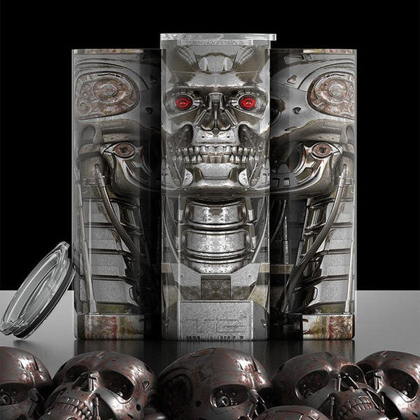 Terminator-Inspired Tumbler – Futuristic Cyborg Skull Design