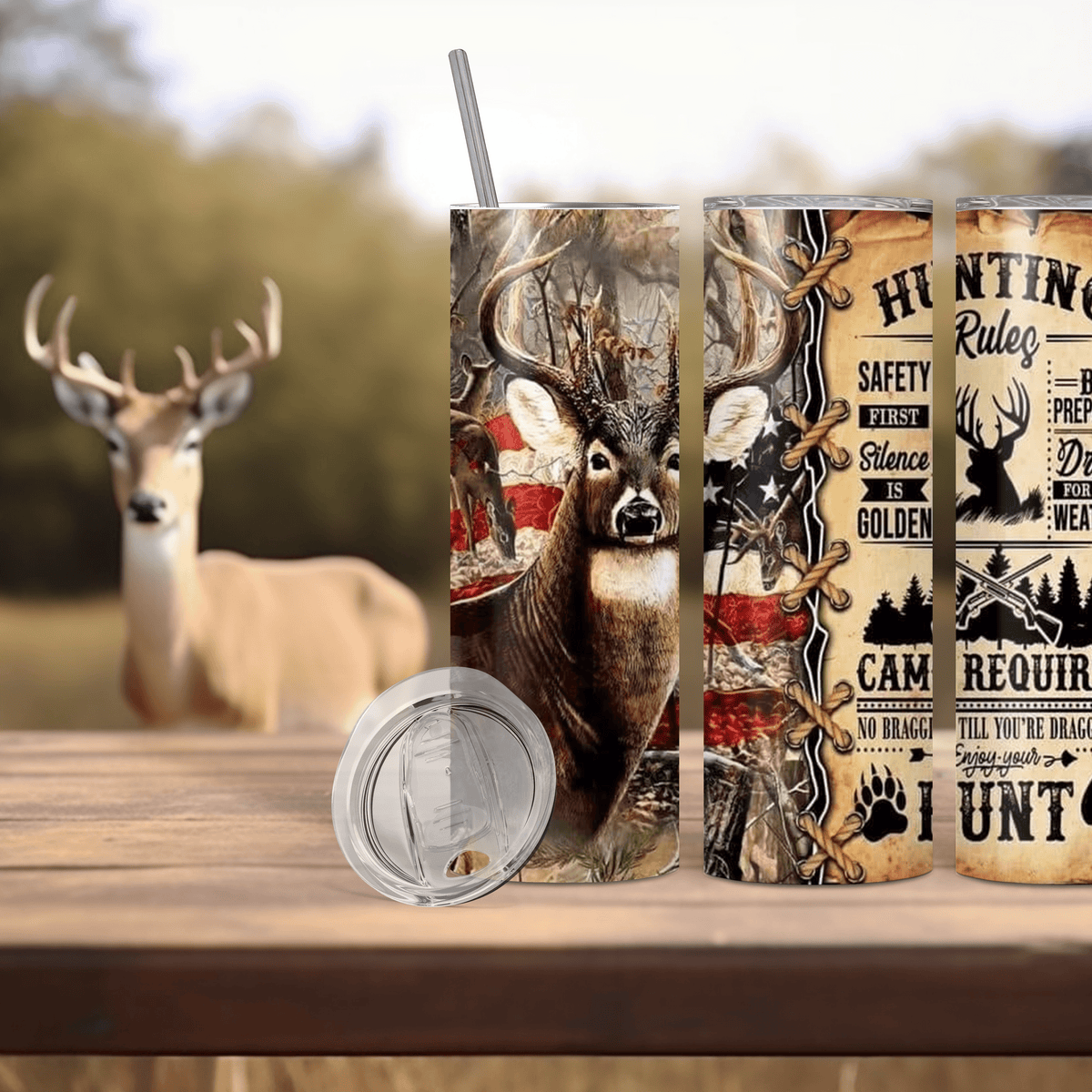 Patriotic Deer Hunting Sublimation Tumbler – Hunting Rules & Rustic Design for Outdoorsmen