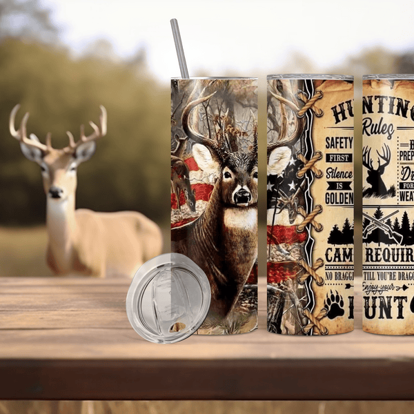 Patriotic Deer Hunting Sublimation Tumbler – Hunting Rules & Rustic Design for Outdoorsmen