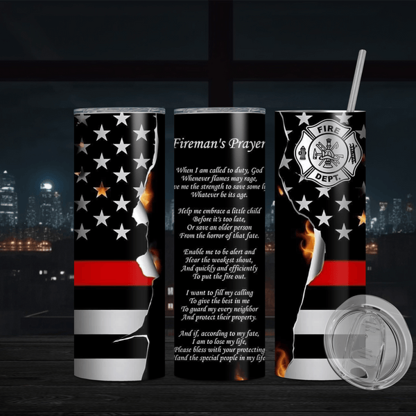 Fireman’s Prayer Tumbler – Honoring Bravery with the Thin Red Line