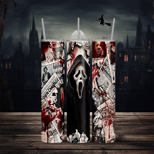 Ghostface Newspaper Sublimation Tumbler – Scream-Inspired Slasher Drinkware