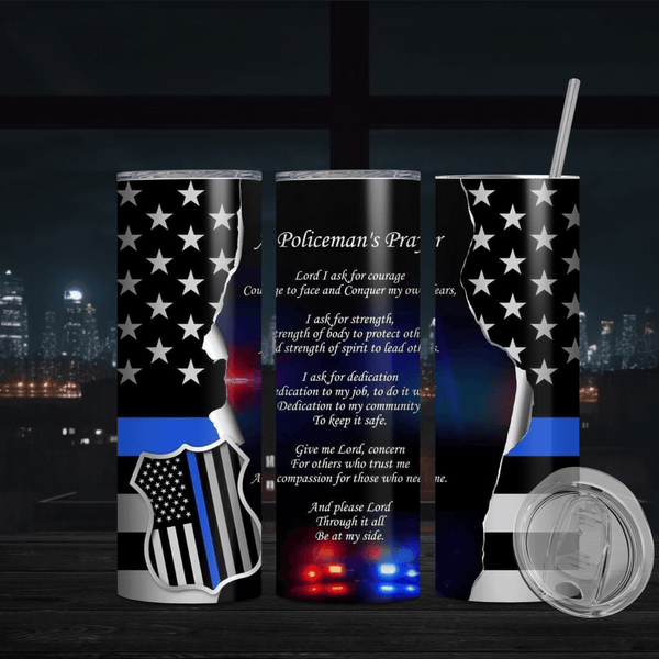 Policeman’s Prayer Tumbler – Honoring Service with the Thin Blue Line