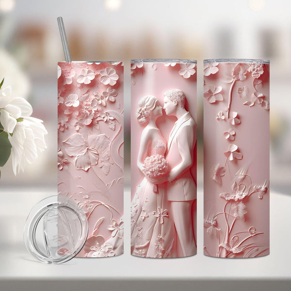 Romantic 3D Wedding Sublimation Tumbler – Floral Bride and Groom Design